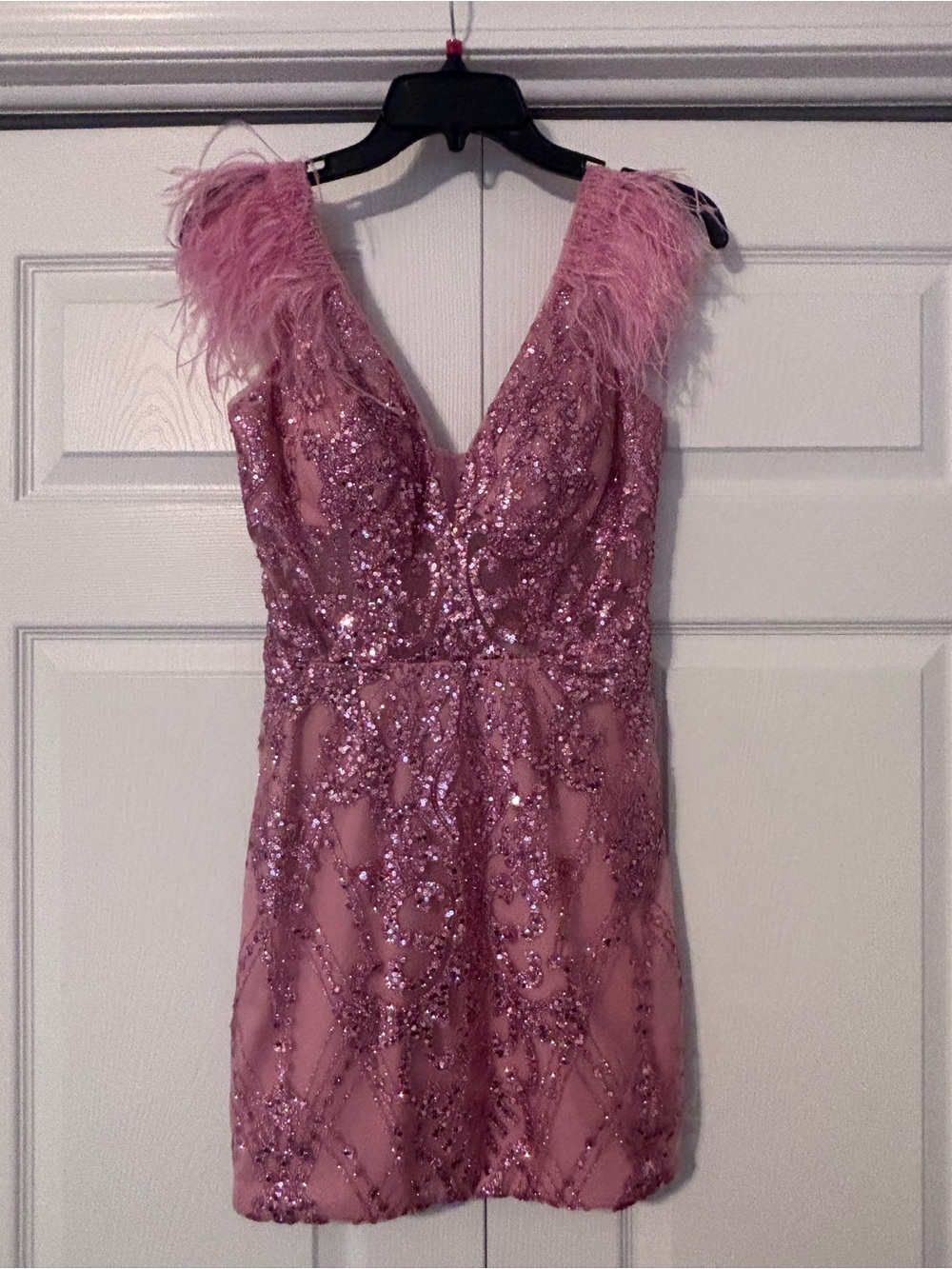 Camille La Vie Pink Sequin Feather-Trim V-Neck Cocktail Dress